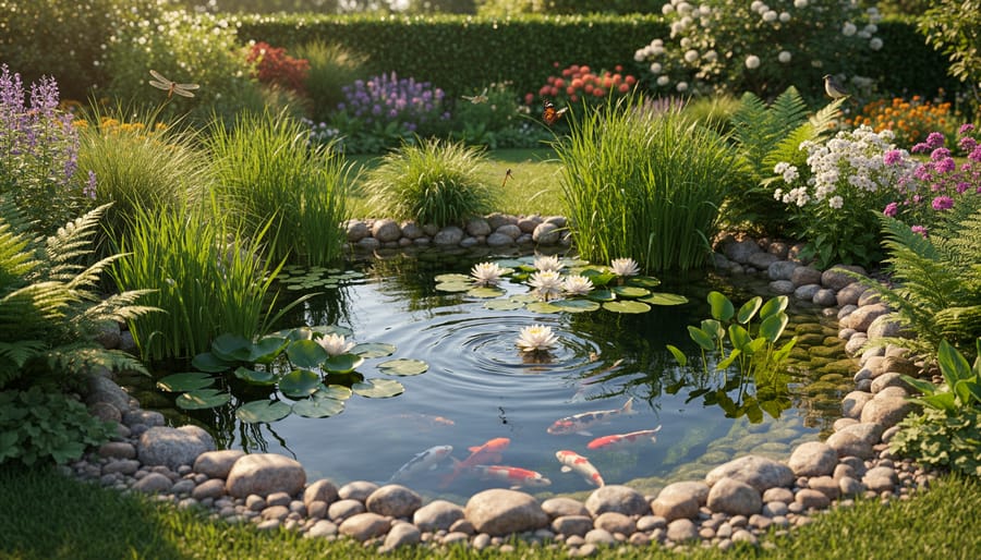 Clear garden pond surrounded by healthy marginal plants and purple irises