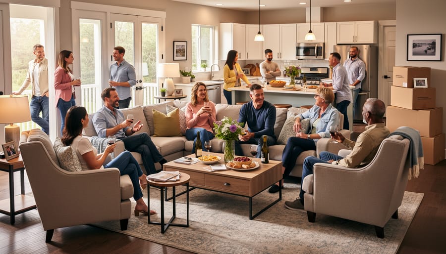 Guests mingling comfortably in a cozy living room during a housewarming party