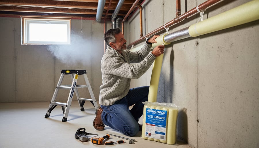 Person installing foam pipe insulation on exposed water pipes