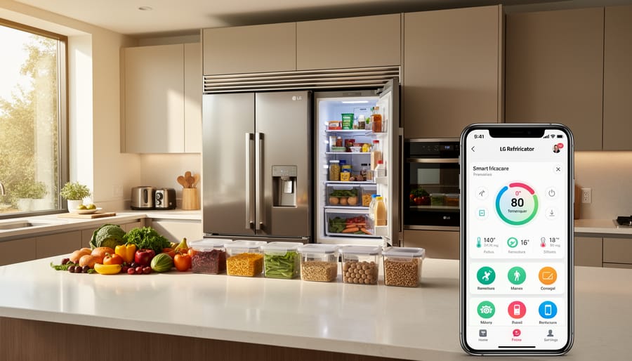 LG smart refrigerator with InstaView display in contemporary kitchen setting