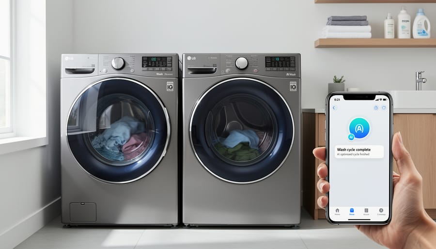 LG smart front-loading washer and dryer set in modern laundry room