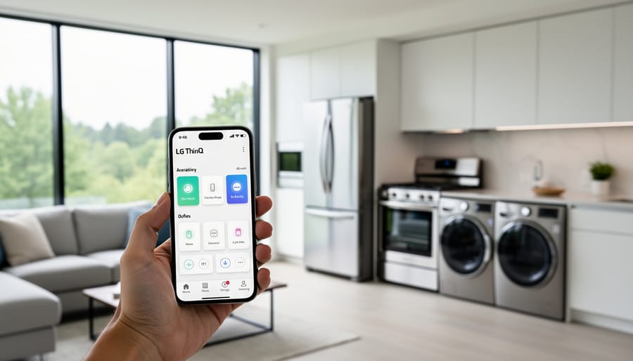 Hand holding smartphone with LG ThinQ smart home control app