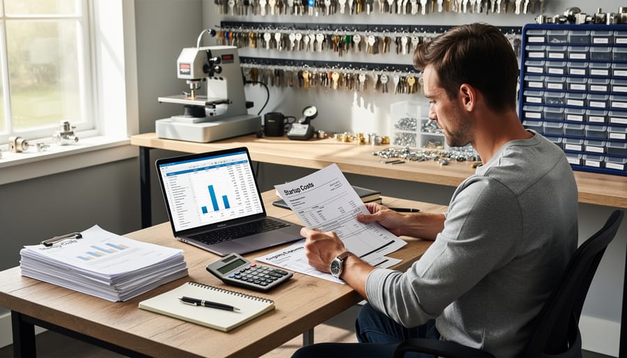 Business owner calculating startup costs and reviewing financial documents