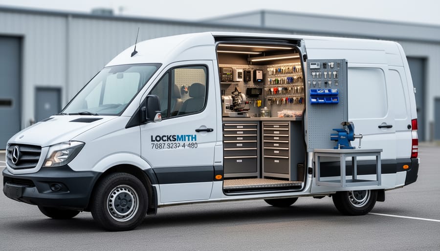 Mobile locksmith service van with organized tool storage and equipment