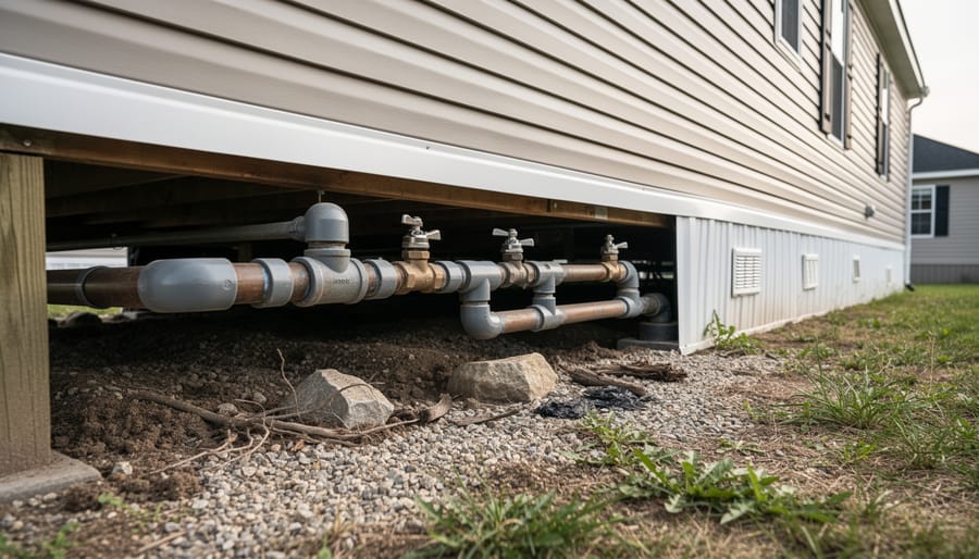 Exposed plumbing pipes and water lines visible under a mobile home