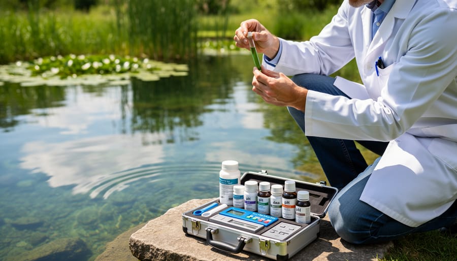 Gardener testing pond water quality with pH meter