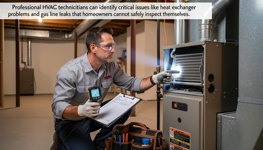 Professional HVAC technician inspecting furnace components with flashlight during maintenance visit