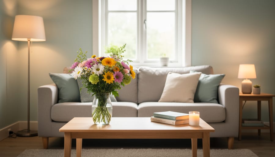 Fresh flower arrangement in simple vase on console table with soft natural lighting