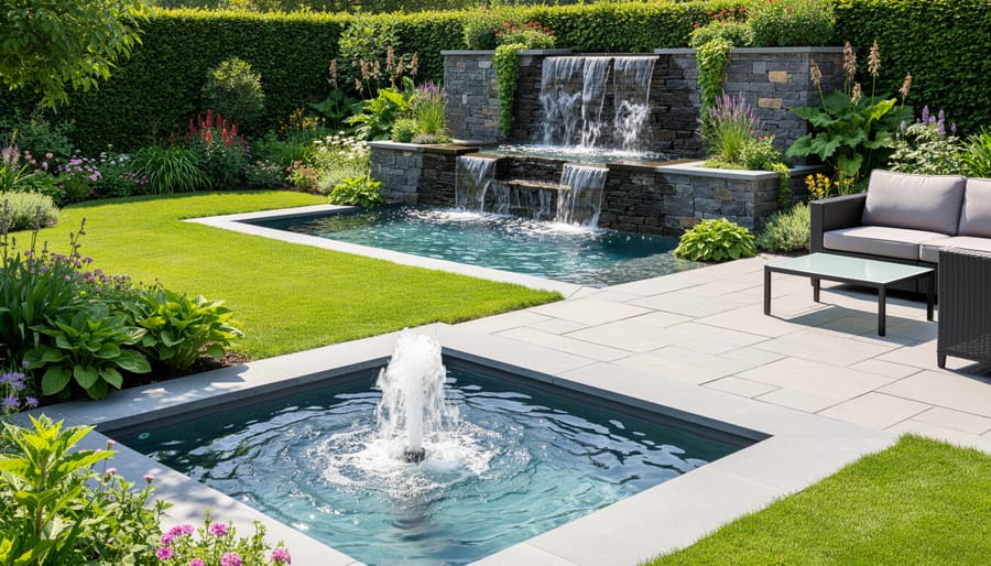 Variety of water feature types including pond, fountain, and waterfall displayed together