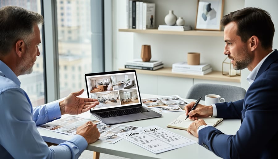 Homeowner and landscape designer reviewing design portfolio together at outdoor table