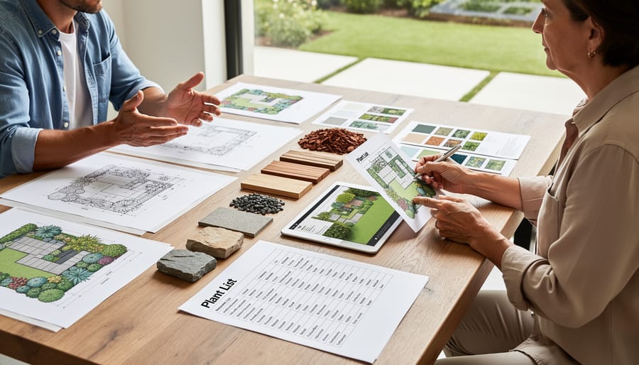 Designer's hands arranging landscape plan materials and plant samples during consultation