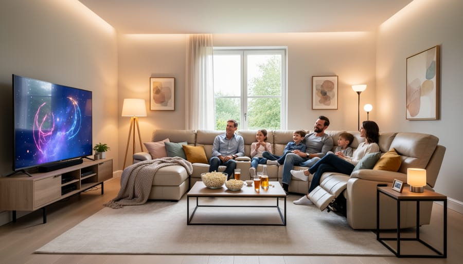 Family relaxing together on L-shaped reclining sectional during evening movie time