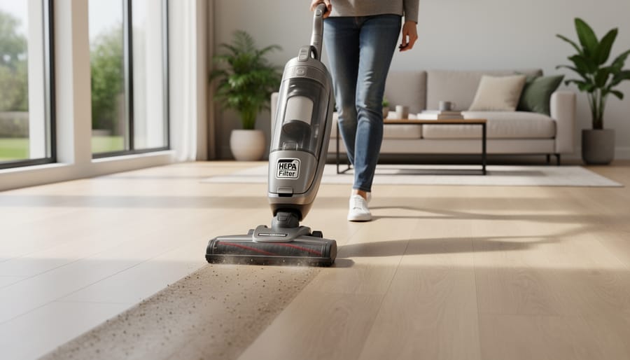 Person vacuuming clean tile floor with HEPA filter vacuum in modern kitchen