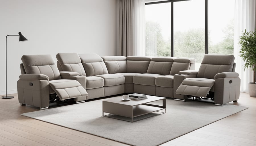 Gray L-shaped reclining sectional sofa positioned in corner of modern living room