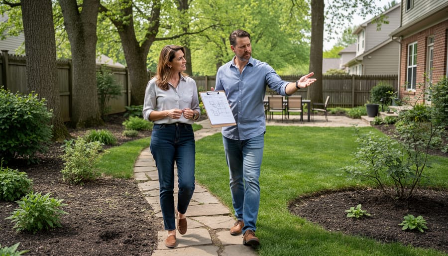 Landscape designer and homeowner walking through backyard during consultation site assessment
