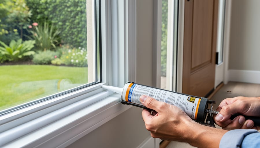 Homeowner sealing gaps around window frame to prevent pest entry