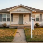 Eye-level curbside view of a slightly weathered suburban house with peeling paint and a cracked walkway beside a blank yard sign, lit by warm late-afternoon sunlight on a quiet residential street