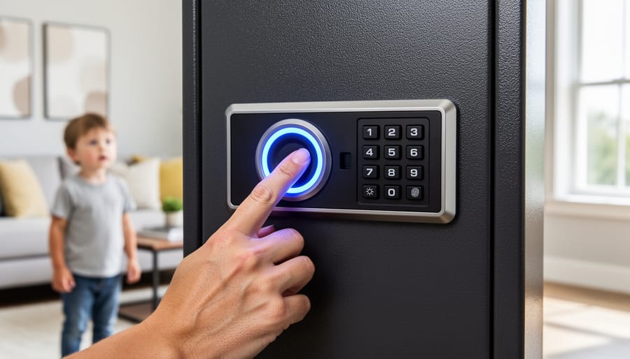 Hand using biometric fingerprint scanner on modern gun safe with digital keypad