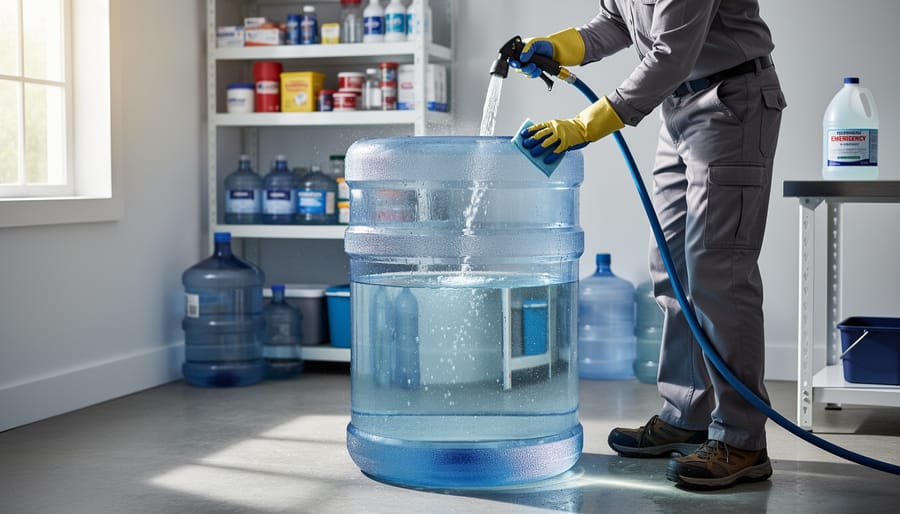 Hands cleaning the interior of a 5-gallon water storage tank in kitchen sink