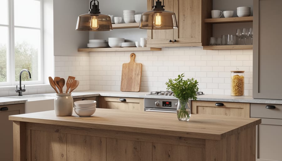 Minimalist rustic kitchen countertop with curated display of herbs and cutting board