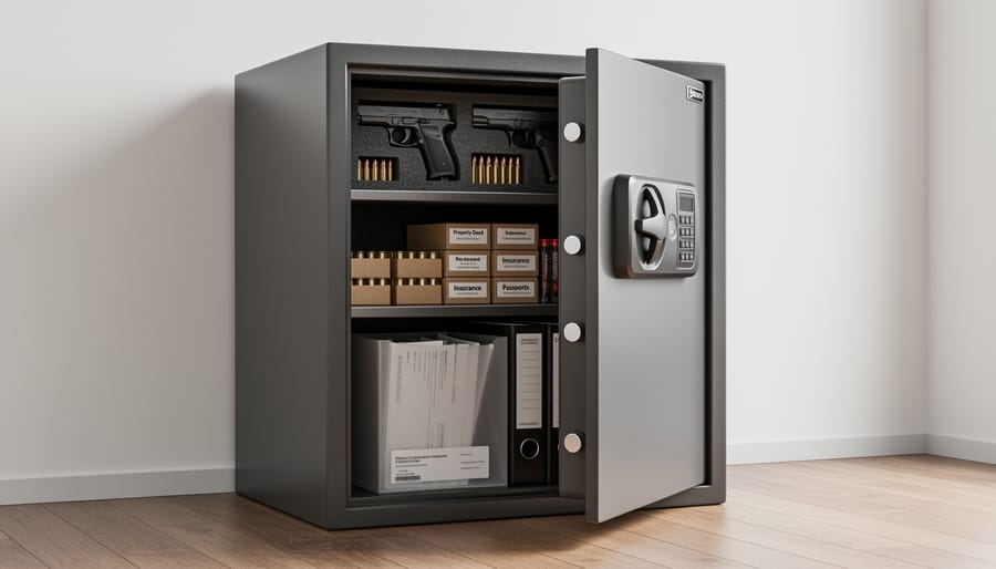 Open fireproof gun safe showing interior organization with rifles and handguns stored safely
