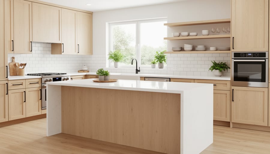 Modern rustic kitchen with light oak cabinets and whitewashed wood beams