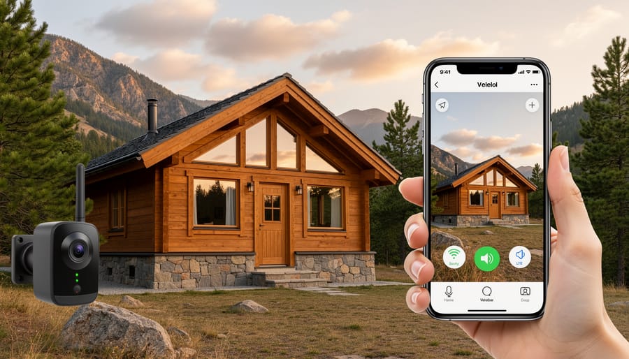 Vacation cabin with GSM security camera installed on front porch in remote wooded location