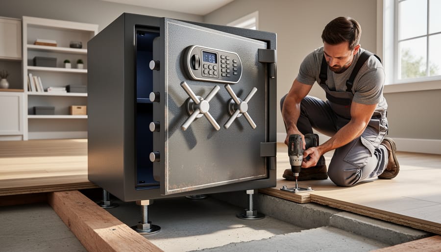 Person installing and anchoring fireproof safe to concrete basement floor with bolts