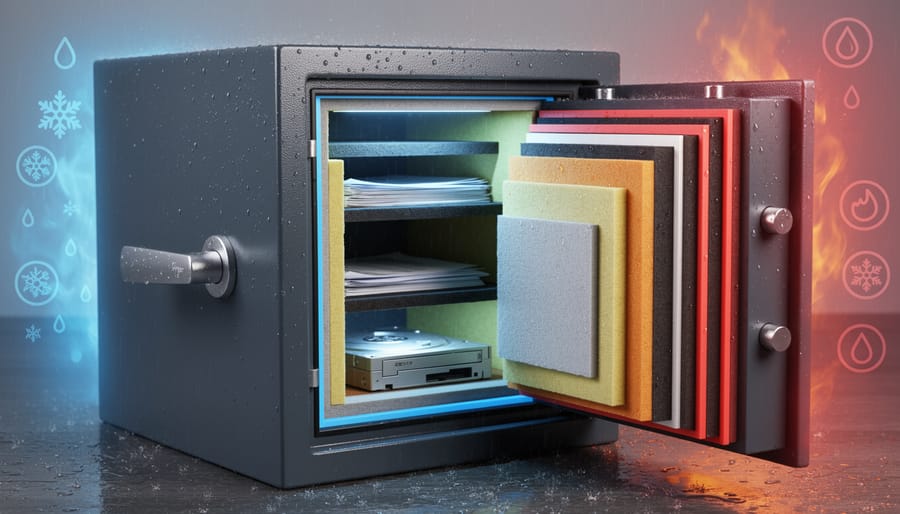 Close-up of fireproof safe door showing insulation layers and waterproof seal