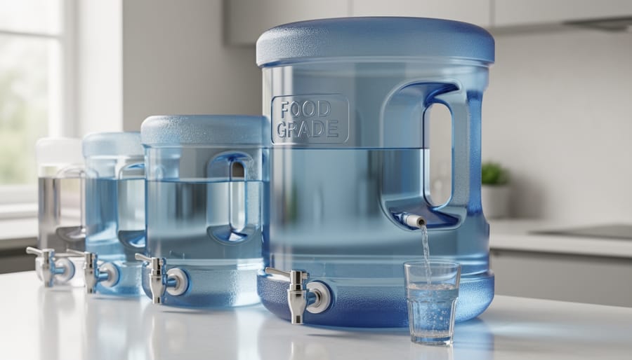 Transparent 5-gallon water storage tank showing handle and spigot features