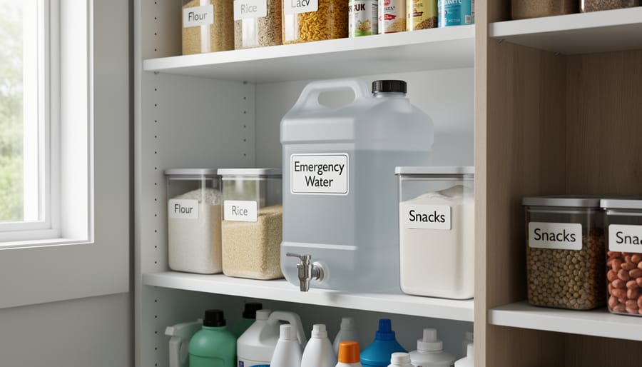 Clear 5-gallon water storage tanks with spigots stored on wooden pantry shelves