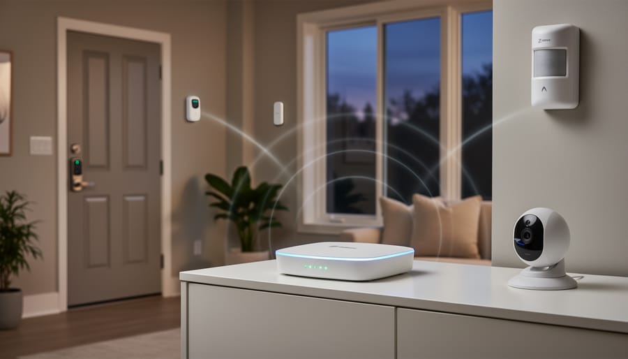 Z-Wave smart home hub on entryway table with security devices visible in background