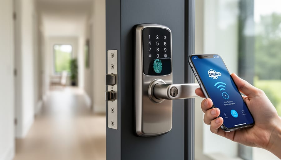 Modern Z-Wave smart lock with keypad installed on front door