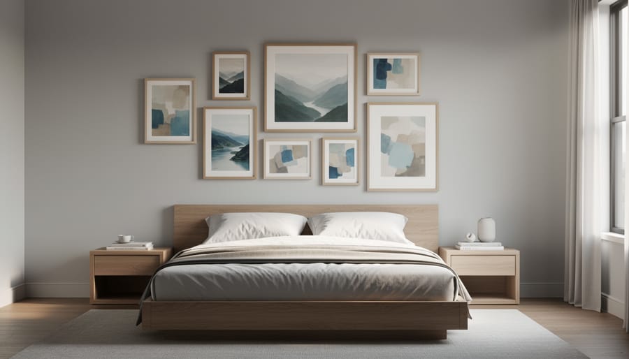 Peaceful bedroom gallery wall with botanical prints in natural frames above bed headboard