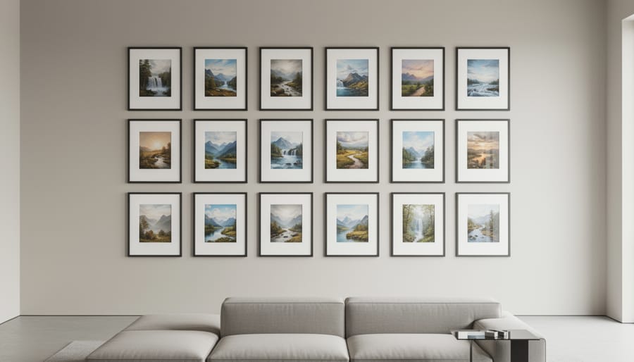 Grid layout gallery wall with six identical white frames arranged symmetrically on living room wall