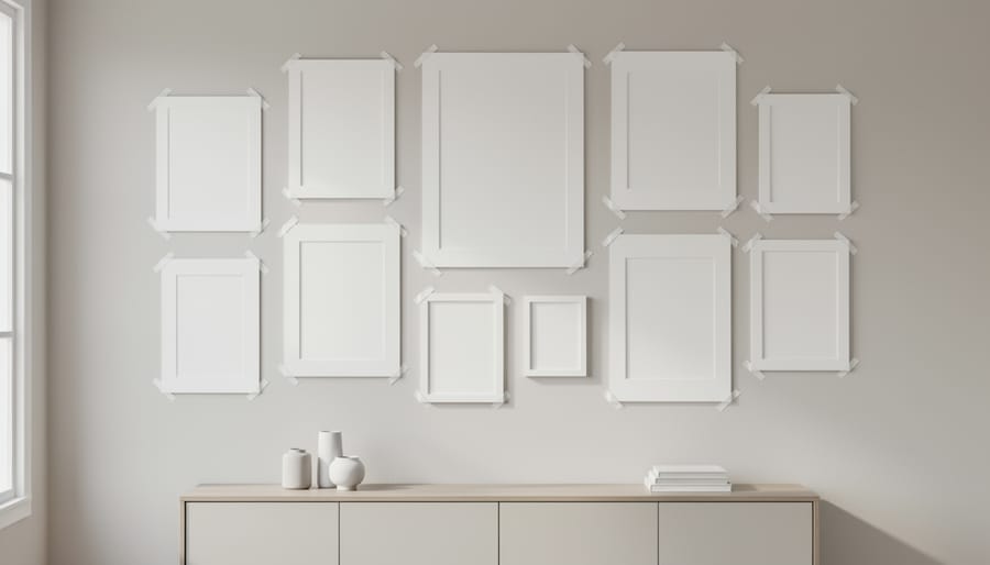 Hands positioning paper template on wall with painter's tape for gallery wall planning