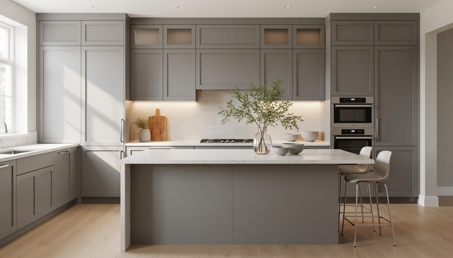 Contemporary kitchen featuring dove gray flat-panel cabinets with brass hardware and natural lighting