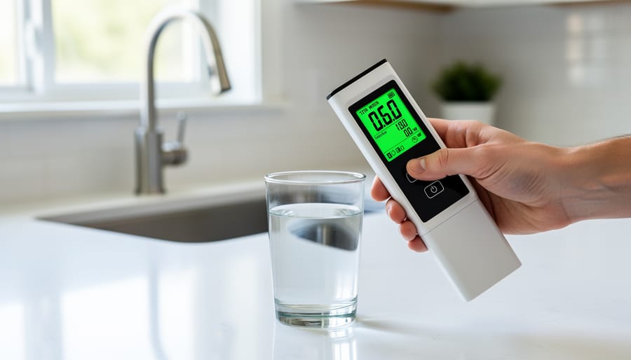 Digital pH meter, TDS meter, and conductivity testing devices arranged on white surface