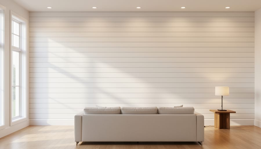 White shiplap wall with decorative accessories illuminated by directional natural light creating textural depth