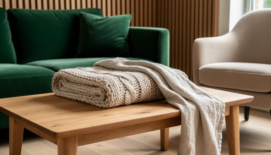 Close-up of layered home textiles showing chunky knit blanket, linen fabric, velvet cushions, and wood surface