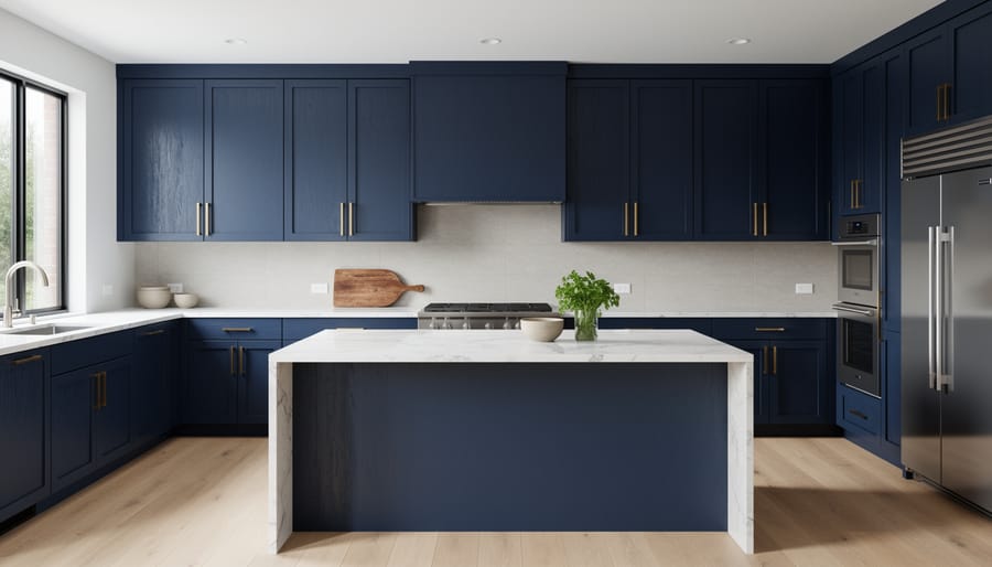 Modern kitchen island with deep navy blue cabinets, white marble countertop, and gold hardware fixtures