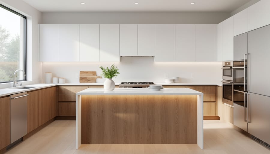 Two-tone kitchen design with white upper cabinets and walnut wood lower cabinets