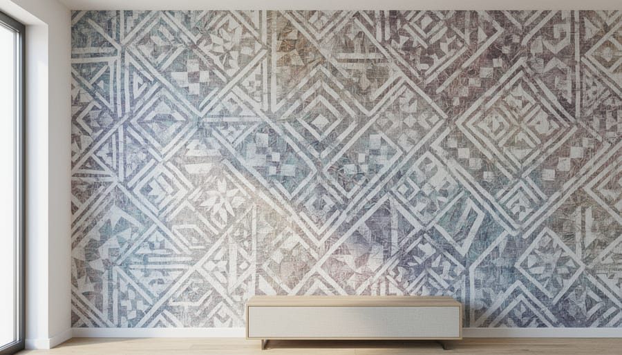 Living room showcasing visual texture through patterned wallpaper, printed textiles, and artwork