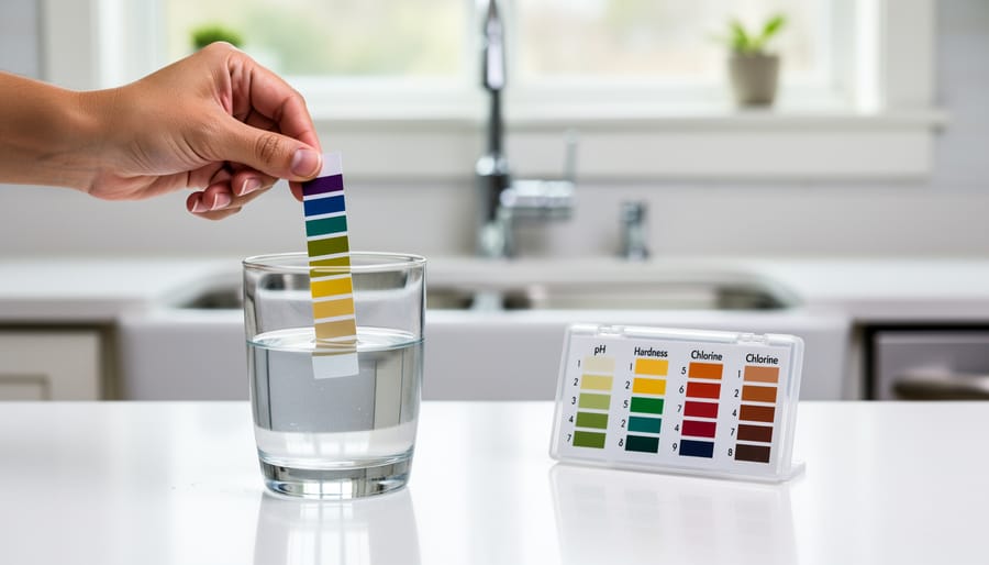 Hand holding colorful water test strips next to glass of tap water on kitchen counter