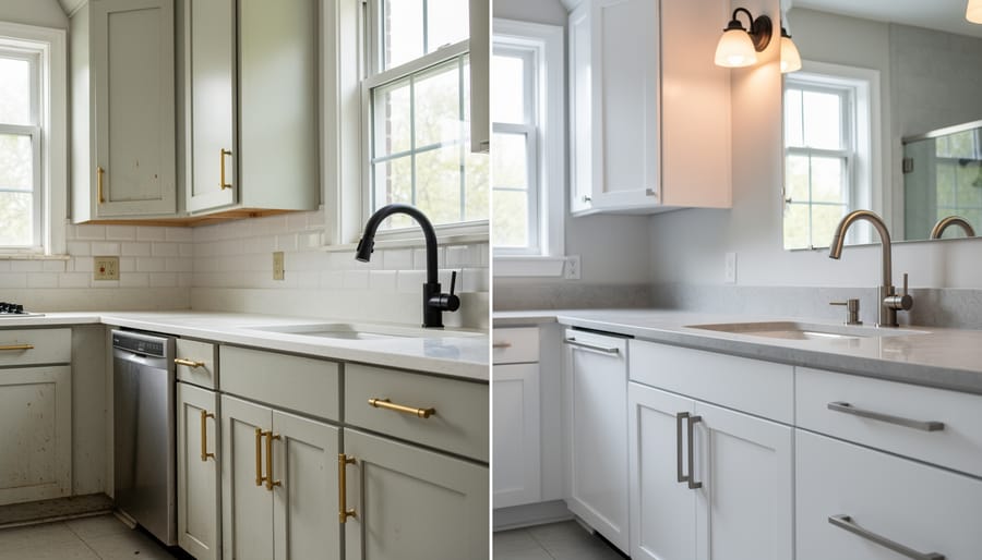 Close-up of hands installing modern brass cabinet hardware with screwdriver