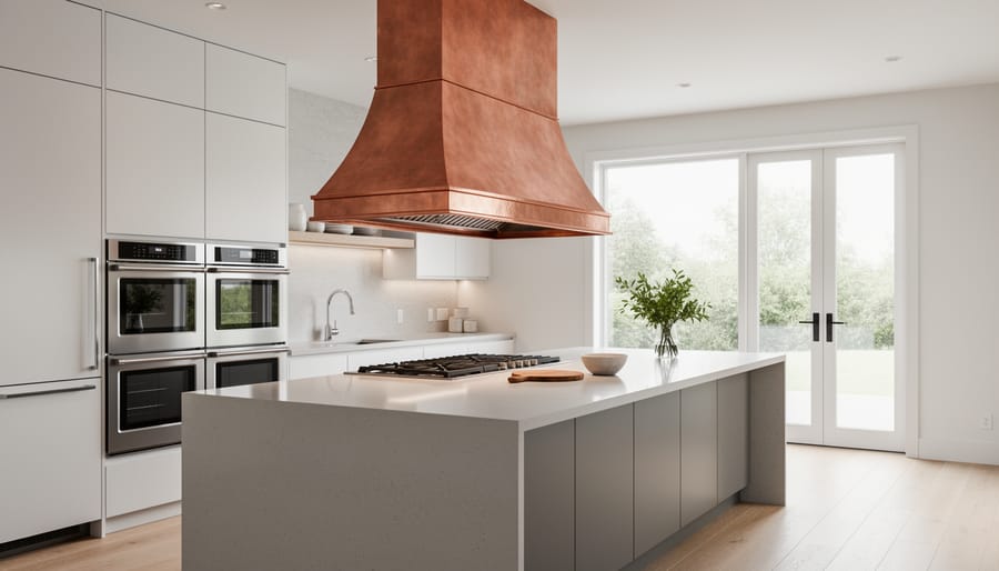 Close-up detail of copper kitchen range hood showing brushed metal finish and craftsmanship