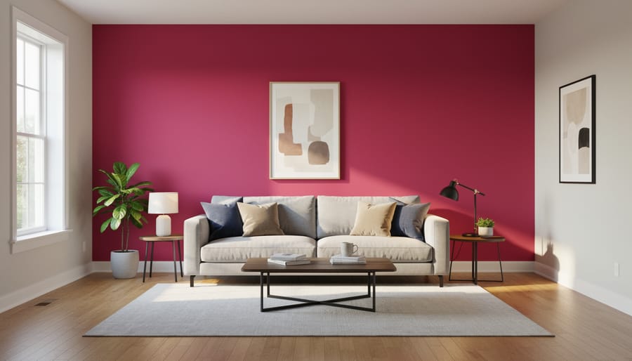DIY homeowner painting a navy blue accent wall in modern living room