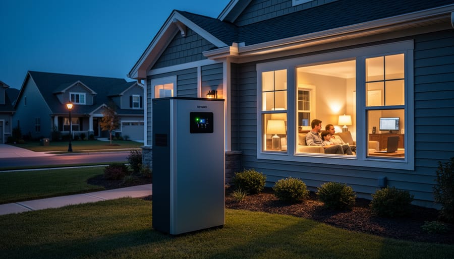 Family enjoying well-lit home with backup power system during evening hours
