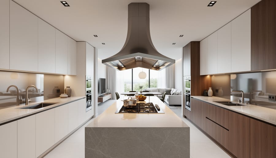 Black suspended island range hood over modern marble kitchen island with induction cooktop