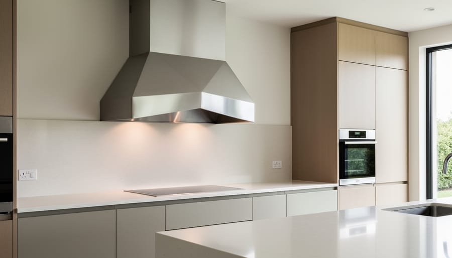 Modern stainless steel chimney-style range hood mounted on white kitchen wall above gas cooktop